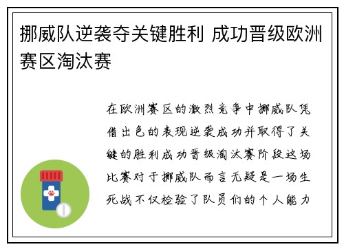 挪威队逆袭夺关键胜利 成功晋级欧洲赛区淘汰赛