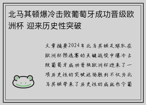 北马其顿爆冷击败葡萄牙成功晋级欧洲杯 迎来历史性突破