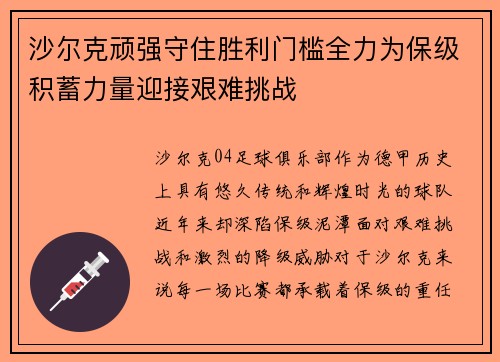 沙尔克顽强守住胜利门槛全力为保级积蓄力量迎接艰难挑战
