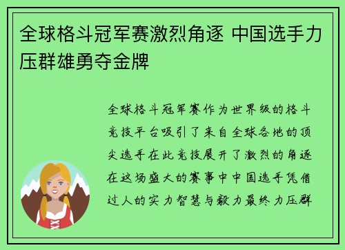 全球格斗冠军赛激烈角逐 中国选手力压群雄勇夺金牌