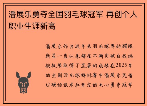 潘展乐勇夺全国羽毛球冠军 再创个人职业生涯新高