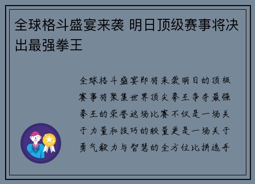 全球格斗盛宴来袭 明日顶级赛事将决出最强拳王
