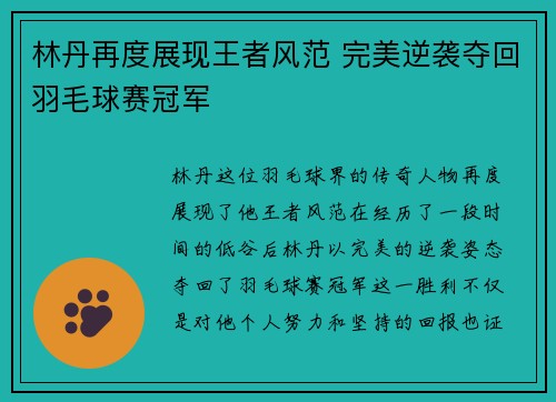 林丹再度展现王者风范 完美逆袭夺回羽毛球赛冠军