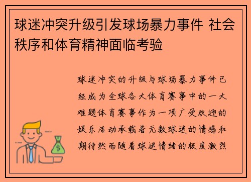 球迷冲突升级引发球场暴力事件 社会秩序和体育精神面临考验
