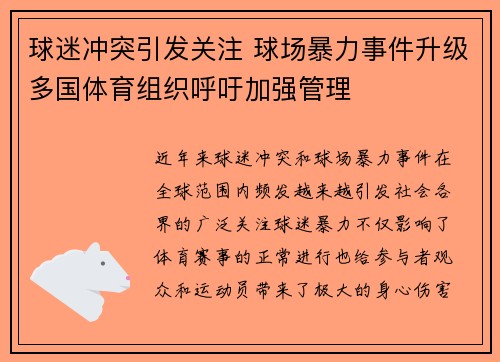 球迷冲突引发关注 球场暴力事件升级多国体育组织呼吁加强管理